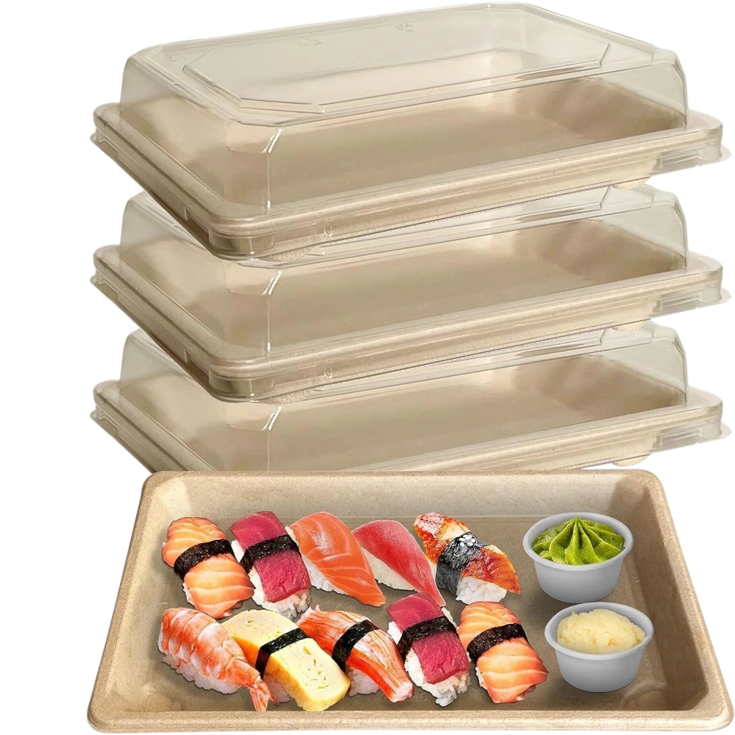 Compostable Bagasse Sushi Tray With Lids  162x115x25mm